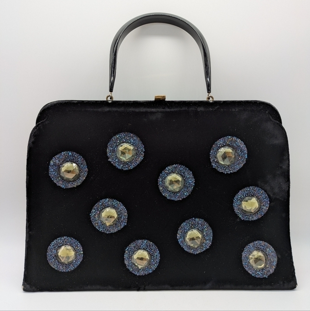 Vintage Black Velvet Blue Beaded Circle Accent Handbag